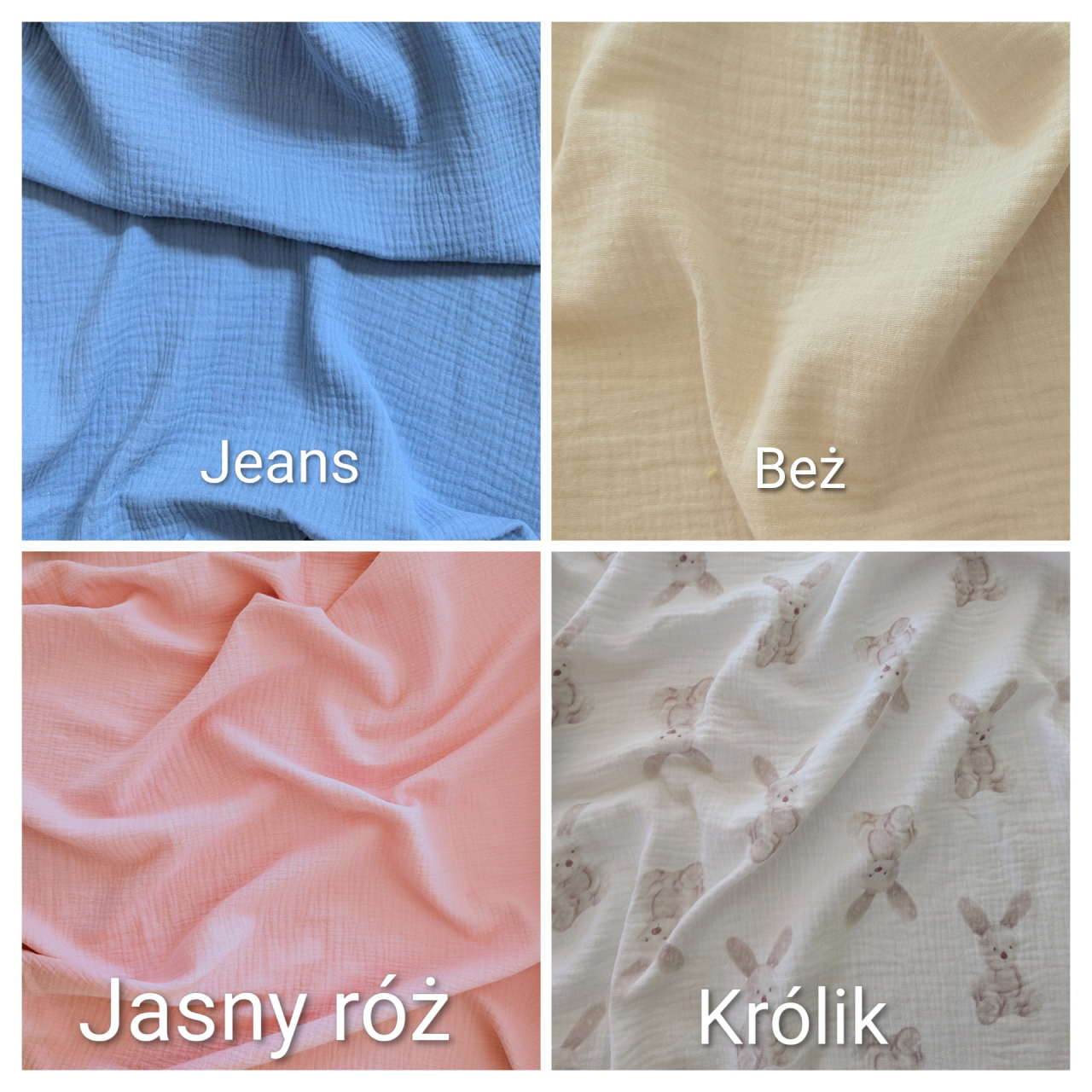 Próbki muślinu bawełnianego - jeans, beż, jasny róż i królik.