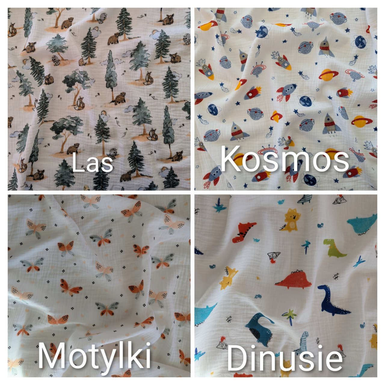 Wzory muślinowe – las, kosmos, motylki i dinusie.