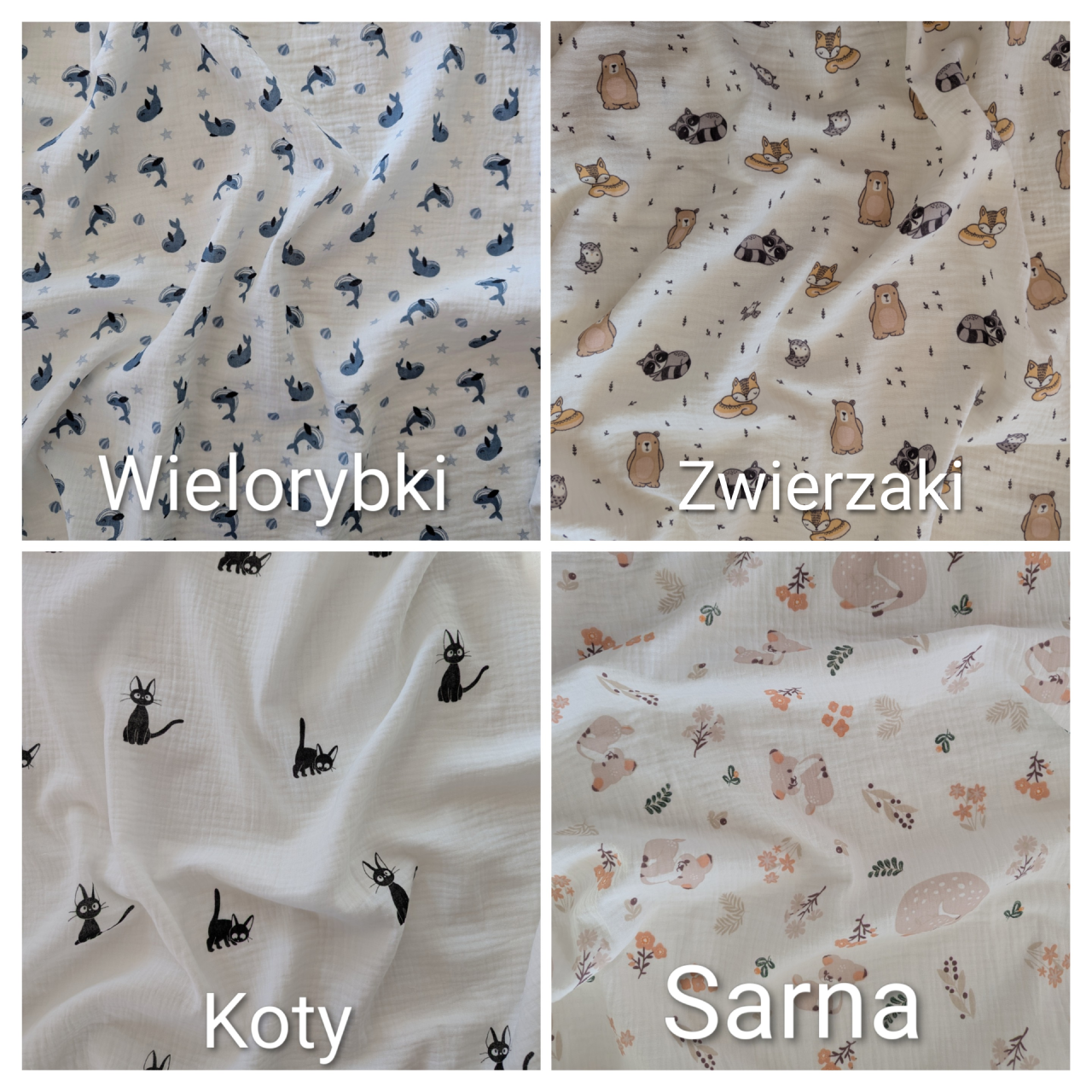 Kolekcja wzorów muślinu – wielorybki, zwierzaki, koty i sarna.