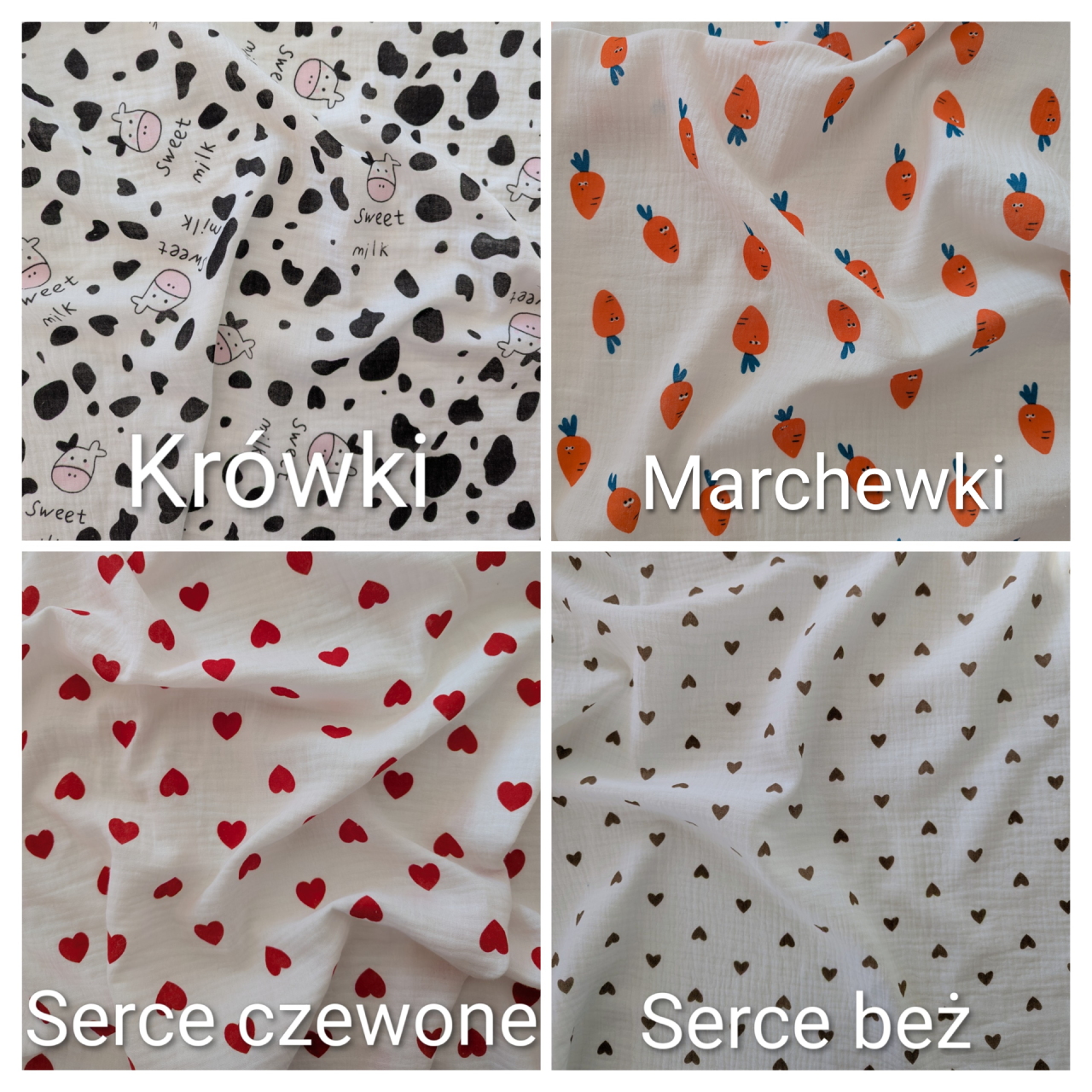 Dostępne warianty wzorów muślinowych – krówki, marchewki, serce czerwone i serce beż.