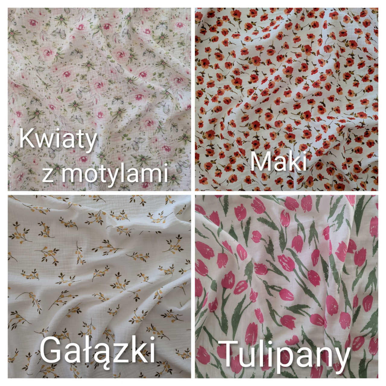 Różne wzory muślinu – kwiaty z motylami, maki, gałązki i tulipany.
