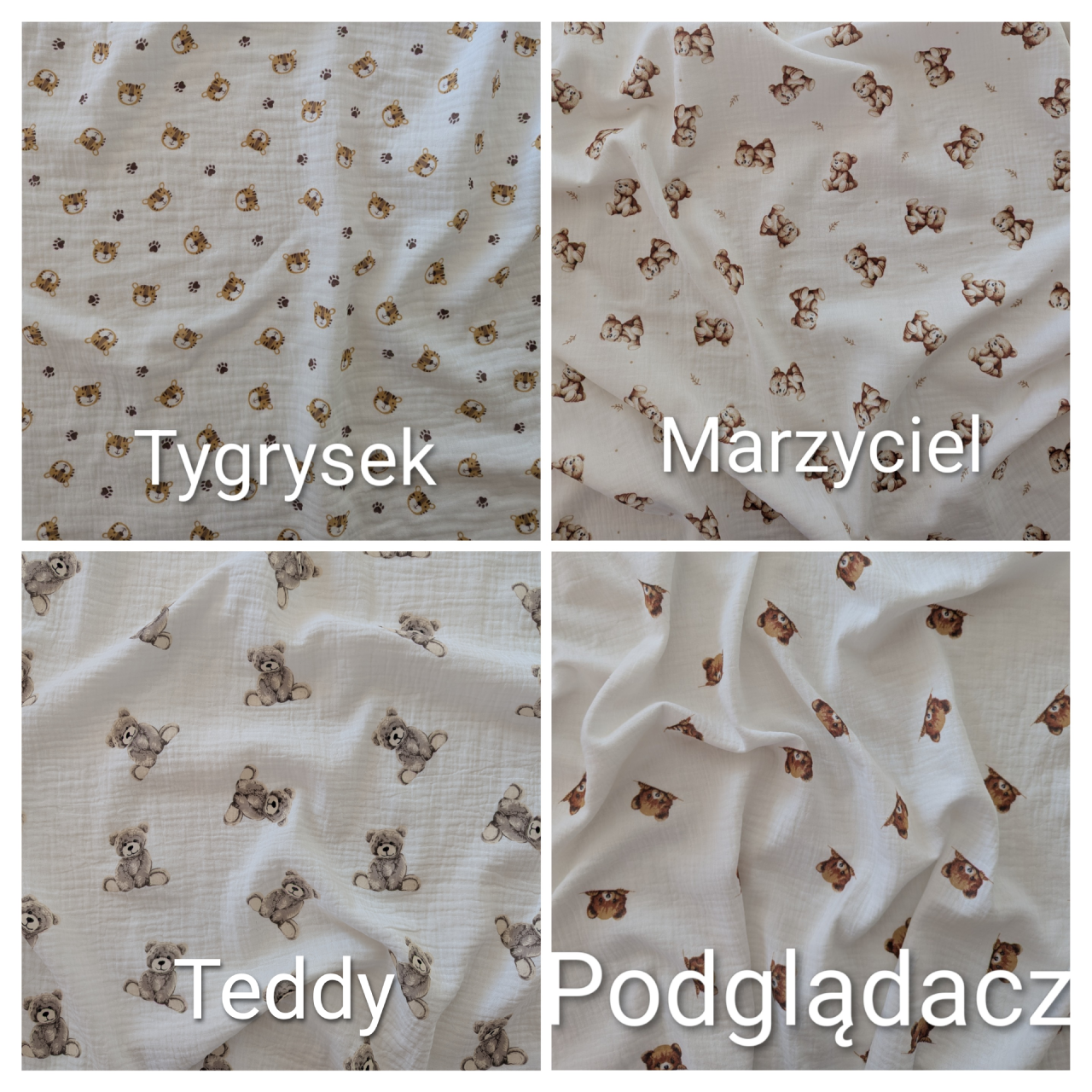 Przegląd wzorów tkaniny muślinowej – tygrysek, marzyciel, teddy i podglądacz.