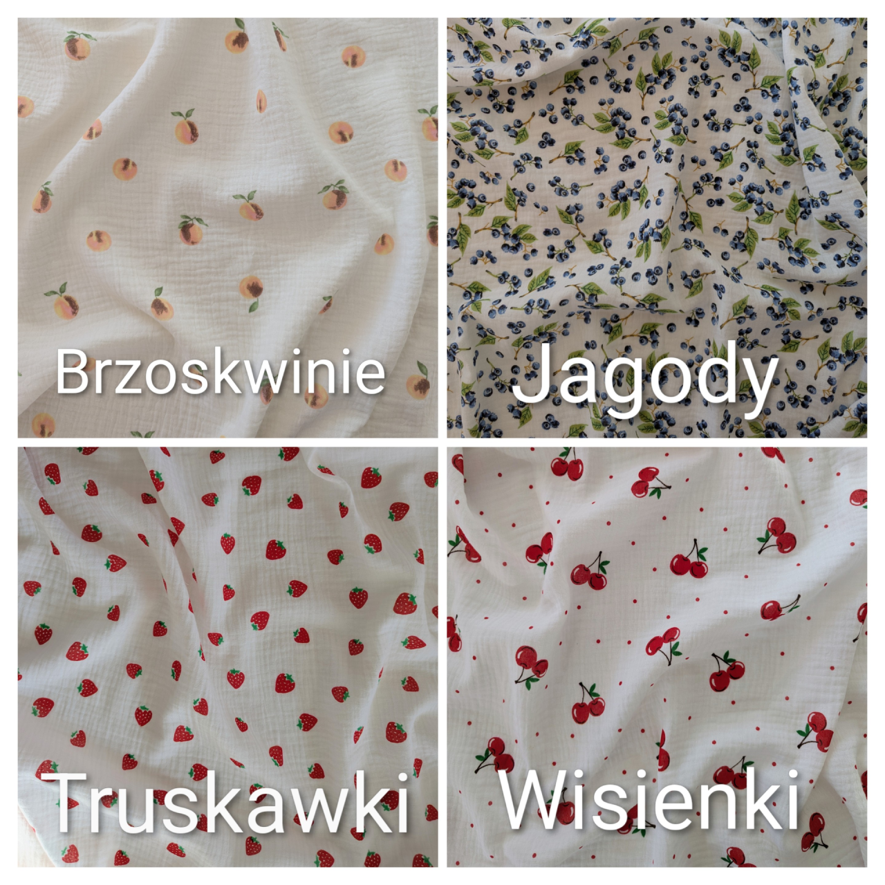 Wzory muślinu bawełnianego – brzoskwinie, jagody truskawki i wisienki.