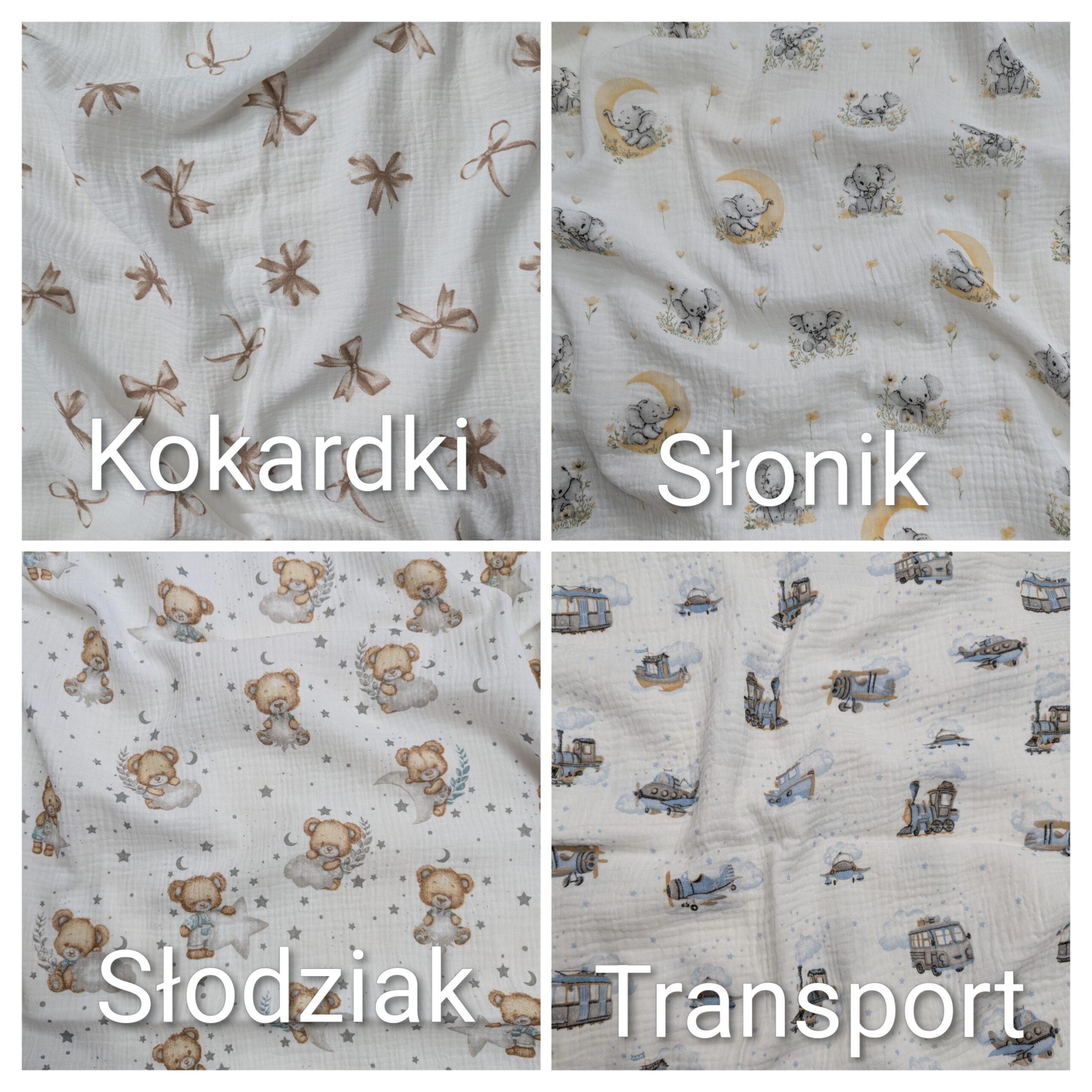 Wzory muślinu: słonik, transport, słodziak i kokardki