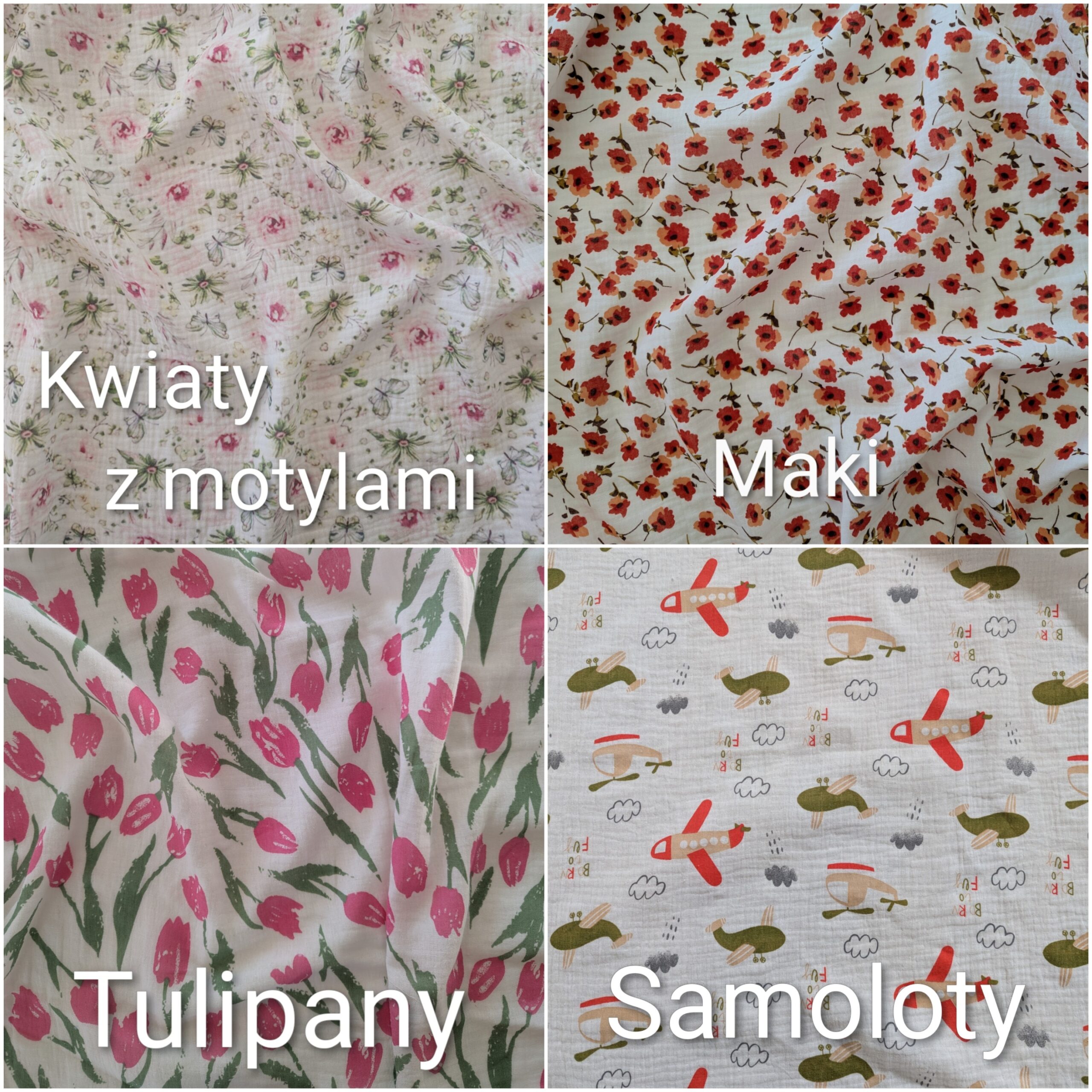 wzory muślinu tulipan, maki, samoloty, kwiaty
